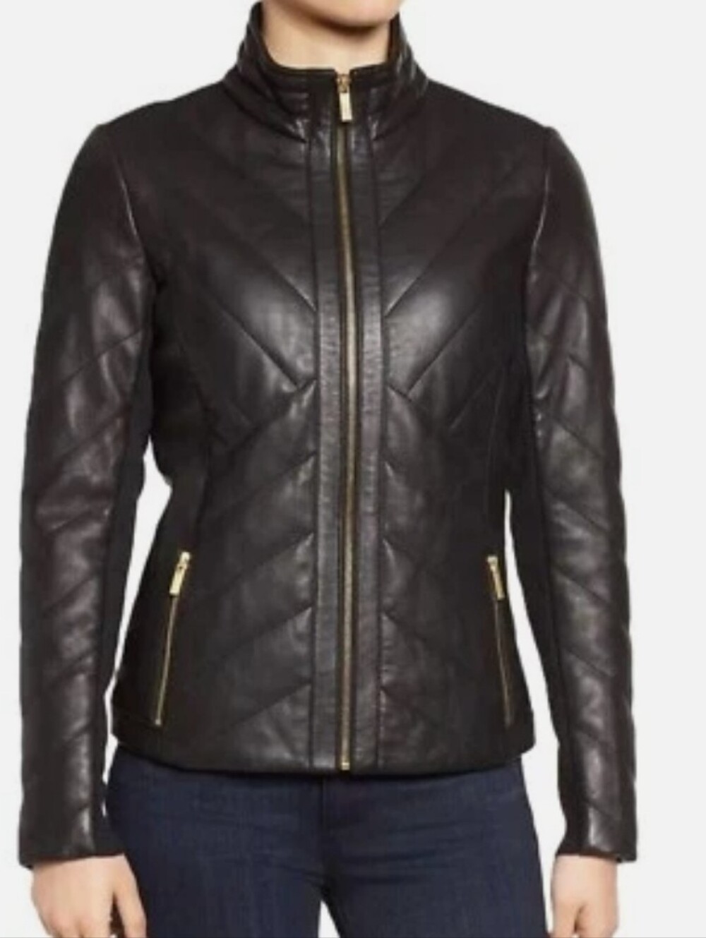 Badgley Mischka Women’s Black Quilted Geniune Lambskin Zip Jacket